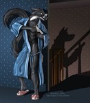 anthro bathrobe biped clothing ears_back eyewear footwear glasses gun impending_violence male pivoted_ears ranged_weapon robe shadow shoes slippers snarling solo text weapon whiskers wooky mammal mustelid 2001 digital_media_(artwork) english_text shaded