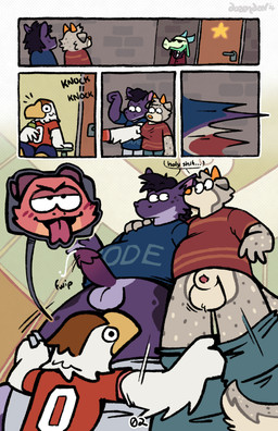 2_horns animal_genitalia backstage balls bodily_fluids dialogue erection eye_contact eyewear genital_fluids genitals group head_horn horn looking_at_another lowering_pants male male/male mascot mascot_suit page_number penis purple_penis security security_guard sheath sunglasses text trio undressing_another vip daverage dozendav mythology feezle_(dozendav) jaz_(laughingboye) motch_(dozendav) nbdog accipitrid accipitriform alligator alligatorid avian bird border_collie canid canid_demon canine canis collie crocodilian demon domestic_dog eagle hellhound herding_dog kobold mammal mythological_canine mythological_creature pastoral_dog reptile scalie sheepdog absurd_res comic english_text hi_res