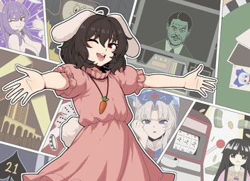 ahoge ambiguous_gender banknote black_hair blue_eyes breasts buckteeth card cleavage clothed clothed_human clothed_humanoid clothing coin dice dress drugs female female_focus group hair humanoid_focus machine male money one_eye_closed open_mouth open_smile pills pink_clothing pink_dress playing_card poker_chip purple_hair red_cross red_eyes slot_machine smile solo_focus spades_(suit) spread_arms suit_symbol tail teeth white_ears white_hair white_tail formicid_(artist) fallout fumo_(doll) microsoft touhou cirno eirin_yagokoro kaguya_houraisan reisen_udongein_inaba robert_house_(fallout) tewi_inaba yes_man_(fallout) animal_humanoid human humanoid lagomorph lagomorph_humanoid leporid_humanoid mammal mammal_humanoid rabbit_humanoid robot hi_res