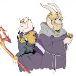 anthro armor beard crown duo facial_hair fangs female flower fur headgear horn jewelry long_ears male mature_anthro mature_female mature_male melee_weapon pendant plant polearm role_reversal simple_background teeth weapon white_background white_body white_fur jazzycat undertale undertale_(series) asgore_dreemurr toriel boss_monster_(undertale) bovid caprine mammal 1:1