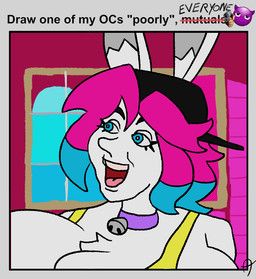 anthro backwards_baseball_cap backwards_hat baseball_cap bell bell_collar big_breasts black_baseball_cap blue_eyes blue_hair breasts chest_tuft cleavage clothed clothing collar eyebrows eyelashes female furgonomic_baseball_cap furgonomic_hat furgonomic_headwear furgonomics hair hat headgear headwear huge_breasts inner_ear_fluff jingle_bell jingle_bell_collar multicolored_hair open_mouth open_smile pink_hair smile solo style_emulation text topwear tuft two_tone_hair yellow_clothing yellow_topwear aquacoffee cd-i link:_the_faces_of_evil nintendo philips_(company) the_legend_of_zelda tloz_cd-i_games_(series) pb_(theycallhimcake) lagomorph leporid mallkin mammal rabbit 2023 bust_portrait digital_drawing_(artwork) digital_media_(artwork) english_description english_text portrait busty_boy_(lore) male_(lore)