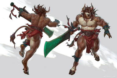2_horns anthro bottomwear clothing hooves horn loincloth male melee_weapon muscular muscular_anthro muscular_male nipples rear_view scar sword tail underwear weapon taran_fiddler european_mythology greek_mythology mythology bovid bovine mammal minotaur hi_res