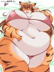 ahoge anthro belly belly_folds belly_grab belly_overhang belly_rolls belly_squeeze belly_squish big_belly big_breasts bikini blush bodily_fluids breasts brown_hair clothing countershading deep_navel drooling eating eyes_closed fat_arms fat_legs female fluffy fluffy_tail fur fur_markings glistening hair hand_on_belly heart_(marking) huge_belly huge_breasts huge_thighs inner_ear_fluff long_hair love_handles markings navel neck-fluff obese obese_anthro obese_female orange_body orange_fur overweight overweight_anthro overweight_female pink_bikini pink_clothing pink_swimwear saliva simple_background smile solo squish standing stripes swimwear tail text thick_thighs tight_clothing tuft two-piece_swimsuit white_body white_fur wide_hips kurocazenosora catkey_(huhunya) felid mammal pantherine tiger 3:4 absurd_res hi_res portrait three-quarter_portrait translation_request