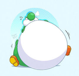 ambiguous_gender belly big_belly clothing egg feral footwear green_body green_nose green_tail huge_belly hyper hyper_belly orange_clothing orange_footwear orange_shoes overweight oviposition shoes simple_background sitting solo tail white_background swearinpencil mario_bros nintendo yoshi 2026