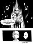 ambiguous_gender bone clothing coat dialogue male simple_background skeleton smile text topwear blossyay okay_(meme) one-punch_man one_(manga) undertale undertale_(series) frisk_(undertale) saitama_(one-punch_man) sans_(undertale) animated_skeleton human mammal undead comic english_text monochrome