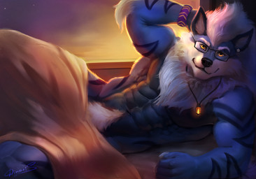 abs anthro bed bed_sheet bedding ear_piercing eyewear fur furniture glasses hair hand_behind_head jewelry looking_at_viewer lying male muscular muscular_anthro muscular_male on_bed pecs pendant piercing smile solo wearing_glasses dimonis nintendo pokemon arcanine canid canine generation_1_pokemon mammal pokemon_(species) digital_media_(artwork) hi_res