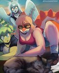 abstract_background amber_eyes anthro big_tail blonde_hair blue_eyes bone_frill bottomwear breasts clothing denim denim_bottomwear denim_clothing denim_shorts dialogue double_bun eyewear feathered_wings feathers female feral freckles frill_(anatomy) front_view glasses green_body green_hair green_scales grey_body grey_hair grey_scales group hair long_hair long_tail multicolored_body multicolored_scales orange_body orange_scales outside scales shirt short_hair shorts spiked_tail spikes spikes_(anatomy) tail tank_top teal_eyes text tinted_glasses tongue tongue_out topwear trio_focus two_tone_body two_tone_scales white_body white_scales wings deadassspider cavemanon_studios goodbye_volcano_high snoot_game fang_(gvh) naomi_(gvh) stella_(gvh_beta) dinosaur domestic_cat felid feline felis hadrosaurid mammal ornithischian ornithopod parasaurolophus prehistoric_species pterodactylus pterosaur reptile scalie stegosaurian stegosaurus thyreophoran 2025 absurd_res artist_name digital_drawing_(artwork) digital_media_(artwork) english_text hi_res watermark