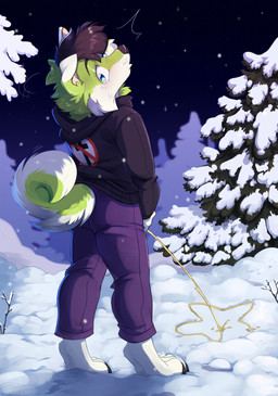 anthro bodily_fluids clothing fur genital_fluids green_body green_fur male outside peeing snow solo urine watersports winter kinky_spy bad_religion canid canine canis domestic_dog husky mammal nordic_sled_dog spitz hi_res
