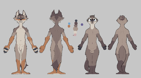 anthro arm_tattoo balls black_pawpads brown_body brown_fur brown_tail color_swatch dipstick_tail eyewear foreskin front_view fur genitals glasses gloves_(marking) grey_background leg_markings lip_scar looking_at_viewer male male_anthro markings notched_ear nude nude_anthro nude_male pawpads penis rear_view round_glasses simple_background socks_(marking) solo tail tail_markings tattoo whiskers samur_shalem moses_(samur_shalem) otterly_(character) canid canine canis coyote mammal mustelid otter 2025 absurd_res digital_drawing_(artwork) digital_media_(artwork) hi_res model_sheet multiple_images