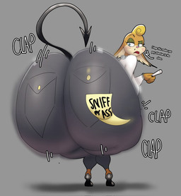 anthro big_butt blonde_hair blue_eyes bottomwear brown_body butt clothing female footwear hair huge_butt pants shirt shoes solo spade_tail tail text thick_thighs topwear crowundeadcat mammal english_text hi_res
