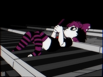 4_fingers alternative_fashion anthro barefoot bottomless cellphone clothed clothing ear_piercing ear_ring electronics eye_bags feet female fingers fur goth hair imminent_death looking_at_object looking_at_phone lying no_underwear nonchalant on_back phone piercing purple_hair railway_track ring_piercing scar self-harm self-harm_scars smartphone solo suicide_attempt toeless_legwear waiting white_body white_fur e254e veronica_(e254e) domestic_cat felid feline felis mammal 3d_(artwork) 3d_animation 4:3 animated digital_media_(artwork) hi_res no_sound short_playtime webm