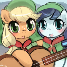 acoustic_guitar camp duo female feral guitar musical_instrument plucked_string_instrument string_instrument young young_female young_feral lumineko friendship_is_magic hasbro my_little_pony applejack_(mlp) coloratura_(mlp) earth_pony equid equine horse mammal pony 1:1 digital_media_(artwork)
