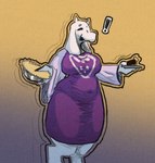 anthro big_breasts breasts clothed clothing dessert digitigrade dress exclamation_point eyes_closed female floppy_ears food fur horn huge_breasts lop_ears navel_outline open_mouth pastry pie purple_background purple_clothing purple_dress simple_background slightly_chubby solo thick_thighs white_body white_fur wide_hips yellow_background terrehaute undertale undertale_(series) toriel boss_monster_(undertale) bovid caprine goat mammal digital_media_(artwork)