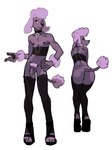 anthro black_nose butt claws clothed clothing collar crossdressing foreskin fur genitals hosiery lingerie looking_at_viewer looking_back male nipples pawpads penis presenting presenting_hindquarters pumps purple_body purple_fur simple_background solo tail spacedog canid canine canis domestic_dog mammal poodle