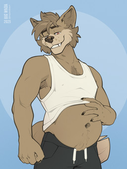 anthro armpit_hair belly big_belly body_hair bottomwear brown_body brown_fur chest_tuft clothing fangs fur hand_on_belly male potbelly shirt shorts solo tank_top teeth topwear tuft alfyn canid canine canis domestic_dog mammal hi_res