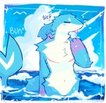 anthro athletic athletic_anthro athletic_male blep blue_body blue_fur eyes_closed fur male mastectomy_scar nude_anthro nude_male partially_submerged scar sea solo standing_in_water tongue tongue_out visibly_trans water white_body white_fur bunonthemoon fish furred_shark marine shark 2023 blue_theme