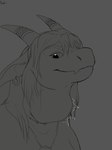 anthro ear_piercing ear_ring eyelashes female glistening glistening_eyes hair horn jewelry long_hair motion_lines mouth_closed neck_bulge necklace piercing ring_piercing simple_background solo vore roobin mythology dragon mythological_creature mythological_scalie scalie 3:4 bust_portrait hi_res monochrome portrait