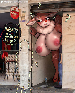 anthro areola big_breasts biped black_clothing black_shirt black_topwear bottle bottomwear breast_smother breasts brown_body brown_fur clothed clothed_human clothed_male clothing cloven_hooves container denim denim_bottomwear denim_clothing dialogue duo female fingers footwear fur glistening glistening_breasts heart_symbol hooves huge_breasts human_on_anthro interspecies jeans larger_anthro larger_female male male/female nipple_dip nipples nude nude_anthro nude_female open_mouth pants pink_areola pink_nipples question_mark red_nose shirt shoes size_difference smaller_human smaller_male smothering speech_bubble tan_body tan_fur text topwear unguligrade water_bottle conditional_dnp whisperfoot a_chance_encounter snowbelle_(whisperfoot) deer human mammal new_world_deer reindeer 2026 artist_name english_text hi_res meme