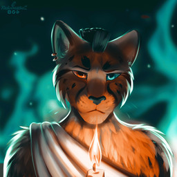 anthro black_hair black_nose black_spots blue_eyes candle clothing facial_hair fire fur hair heterochromia male mustache orange_body orange_eyes orange_fur piercing robe short_hair solo spots stern_look xleb0rezka felid leopard mammal pantherine 1:1 digital_drawing_(artwork) digital_media_(artwork) hi_res watermark