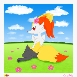 3_toes accessory ambiguous_anthro ambiguous_gender anthro arm_tuft biped black_body black_fur black_pawpads border cheek_tuft chest_tuft cloud color_swatch digitigrade dipstick_tail eyelashes facial_tuft feet flower flower_in_hair fluffy fluffy_tail fur grass hair hair_accessory hip_tuft inner_ear_fluff looking_at_viewer looking_back looking_back_at_viewer markings mouth_closed multicolored_body multicolored_fur nude_ambiguous nude_anthro orange_body orange_fur orange_inner_ear_fluff orange_nose orange_tail_tip outside palette pawpads plant pointy_ears prick_ears red_eyes shoulder_tuft side_view sitting snout solo tail tail_markings toes tuft two_tone_tail wariza white_body white_fur yellow_body yellow_fur yellow_tail renbxn nintendo pokemon braixen canid generation_6_pokemon mammal pokemon_(species) 1:1 2024 absurd_res cel_shading colored digital_drawing_(artwork) digital_media_(artwork) full-length_portrait hi_res portrait shaded signature