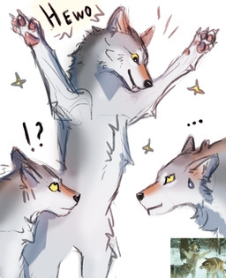 ellipsis feral fur grey_body grey_fur group interrobang real_picture smile text trio flashw canid canine canis mammal wolf 2021 digital_media_(artwork)
