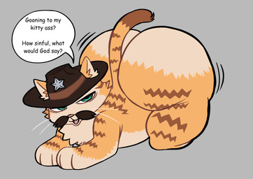 big_butt butt feral fur male orange_body orange_fur solo speech_bubble text anonymous_artist the_faithful_sherif_(cat) domestic_cat felid feline felis mammal tabby_cat english_text hi_res