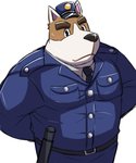 anthro barazoku black_nose bottomwear brown_body brown_fur clothing fur hat headgear headwear kemono male necktie pants police police_hat police_officer police_uniform shirt simple_background solo topwear uniform white_background emufu animal_crossing nintendo copper_(animal_crossing) canid canine canis domestic_dog mammal 2017 5:6 hi_res