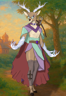 ambiguous_gender anthro antlers cape clothing crossbow dagger eyewear fishnet_clothing fishnet_legwear glasses horn legwear magic magic_user melee_weapon purple_eyes ranged_weapon scales solo toony weapon ai_assisted ai_generated_background shekles dungeons_and_dragons hasbro wizards_of_the_coast deer mammal absurd_res hi_res