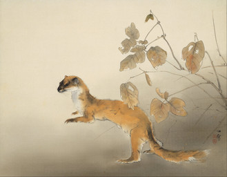 ambiguous_feral ambiguous_gender cjk_character feral fur leaf lying on_front orange_body orange_fur paws plant quadruped side_view simple_background solo tail whiskers hashimoto_kansetsu public_domain mammal mustelid musteline true_musteline weasel 1939 20th_century ancient_art hi_res painting_(artwork) traditional_media_(artwork) traditional_painting_(artwork)