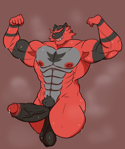 abs anthro balls barazoku biceps big_muscles big_penis bodily_fluids erection flexing flexing_bicep flexing_both_biceps genital_fluids genitals glans humanoid_genitalia humanoid_penis male muscular muscular_anthro muscular_male muscular_thighs musk musk_cloud nipples nude nude_anthro nude_male open_mouth pecs penis precum pubes sharp_teeth simple_background solo sweat teeth thick_thighs vein veiny_penis bakablue nintendo pokemon felid generation_7_pokemon incineroar mammal pantherine pokemon_(species) tiger 2025 digital_drawing_(artwork) digital_media_(artwork) hi_res