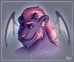 beard eyebrows facial_hair fur hair horn inner_ear_fluff looking_at_viewer male membrane_(anatomy) membranous_wings pink_hair pink_nose ponytail purple_body purple_fur purple_sclera raised_eyebrow solo tan_hair tuft wings baphometbimbo third-party_edit monti_korr felid lion mammal pantherine bust_portrait headshot_portrait portrait