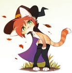 anthro clothed clothing female green_eyes hair hat headgear headwear hindpaw leaf legwear looking_at_viewer orange_eyes orange_hair outside paws simple_background smile solo thigh_highs witch_hat aseethe felid feline mammal 2021 digital_media_(artwork) hi_res signature