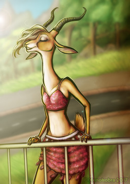 anthro blonde_hair bottomwear bra clothed clothing detailed_background eyes_closed female furgonomics hair horn long_body long_neck midriff outside railing skinny skirt solo tail tail_through_skirt underwear wind riesahenki disney zootopia gazelle_(zootopia) antelope bovid gazelle mammal 2017 hi_res signature