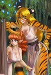 anthro athletic big_breasts blonde_hair blue_eyes breasts clothed clothing detailed_background duo erect_nipples female female/female focused fur genitals ginger gold_(metal) gold_jewelry green_eyes hair hiding hiding_behind_another huge_breasts jewelry licking licking_lips licking_own_lips looking_at_another nipples orange_body orange_fur partially_clothed pussy red_hair self_lick smile striped_body stripes toned_female tongue tongue_out translucent translucent_clothing tsarinart elf felid human humanoid mammal pantherine tiger hi_res