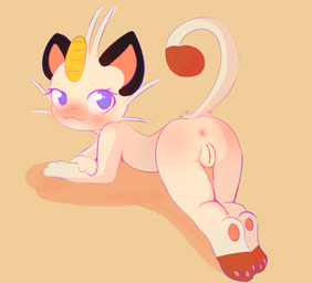 anthro anus blush butt female genitals looking_back presenting presenting_anus presenting_hindquarters presenting_vulva solo vulva young young_anthro young_female littlecowgomoo nintendo pokemon felid feline generation_1_pokemon mammal meowth pokemon_(species) invalid_tag absurd_res hi_res