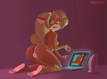 anthro anus balls blonde_hair breasts butt computer dildo electronics female genitals hair laptop long_hair male penis sex_toy solo vulva renabu activision crash_bandicoot_(series) coco_bandicoot bandicoot mammal marsupial hi_res
