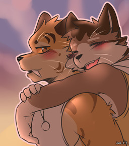anthro blush brown_body brown_eyes brown_fur carrying_another duo eyes_closed fangs fur fur_markings hair male male/male markings multicolored_body multicolored_fur open_mouth orange_body orange_fur romantic romantic_ambiance sky sleeveless_shirt smile sunset teeth two_tone_body two_tone_fur yellow_sclera saku1saya can_we_have_a_second_summer_vacation_if_we_miss_it? qi_cheng wei_qian felid feline mammal hi_res