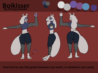 bedroom blep bottomwear clothed clothing eye_bags fishnet_clothing hair hair_over_eye male pawpads shorts solo standing text tongue tongue_out white_body rockpankake boy_kisser_(rockpankake) canid canine mammal 2025 4:3 digital_media_(artwork) english_text hi_res model_sheet