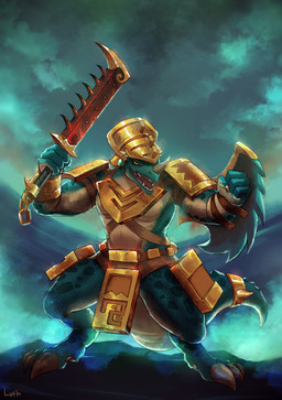 4_fingers 4_toes action_pose anthro armor claws codpiece countershade_torso countershading facial_horn feet fingers headgear helmet horn macuahuitl male melee_weapon nose_horn open_mouth pauldron plate_armor pose shield sky solo standing straps sword tail tassets toe_claws toes vambrace weapon yellow_eyes lutherniel warhammer_(franchise) warhammer_age_of_sigmar seraphon_(warhammer) lizardman lizardman_(warhammer) scalie hi_res