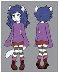 anthro blue_hair boots border bottomwear clothed clothing female footwear fur green_eyes hair legwear messy_hair oversized_clothing oversized_shirt oversized_sleeves oversized_sweater oversized_topwear patch_(fabric) pattern_clothing pattern_legwear pattern_stockings shirt shoes skirt sleeves_past_wrists solo standing stockings striped_clothing striped_legwear striped_stockings stripes sweater topwear white_body white_border white_fur young young_anthro young_female shouk wendy_(masterful) gulonine mammal marten mustelid musteline pine_marten hi_res