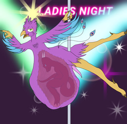 anthro anthro_pred anthro_prey avian_feet beak biped blue_body clothing cutaway dancing duo feathered_crest feathered_wings feathers fully_inside green_eyes head_crest larger_pred male male_pred male_prey pink_body pole pole_dancing scarf size_difference tail tail_feathers vore winged_arms wings fimbulvinter gyro_feather avian bird galliform peafowl phasianid hi_res
