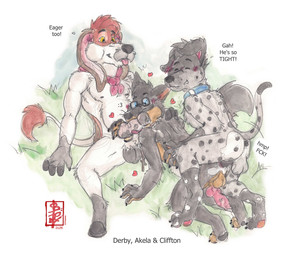 animal_genitalia animal_penis anthro balls blush blush_lines bodily_fluids brid butt claws collar cum cum_in_ass cum_inside cum_on_butt cum_on_ground deep_penetration derby_(akela) doggystyle ejaculation equine_genitalia equine_penis eyewear flared_cock from_behind_position genital_fluids genitals glasses group heart_symbol humping jewelry kerchief licking male male/male mounting necklace oral penetration penile penis penis_lick precum sex sound_effects text tongue trio wearing_glasses fennec_(artist) akela_vincent cliffton_(akela) canid canine canis domestic_dog mammal wolf hi_res painting_(artwork) traditional_media_(artwork) watercolor_(artwork)
