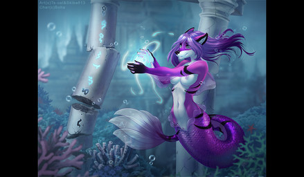 5_fingers anthro areola black_bars black_nose breasts casual_nudity eyebrows female fingers fur genitals hair half-closed_eyes magic narrowed_eyes navel nipples nude pink_vulva purple_body purple_fur purple_hair purple_scales scales smile solo split_form symbol underwater vulva water white_body white_fur skiba613 ts-cat selene_leni aquatic canid canine mammal merfolk 2016 digital_media_(artwork) hi_res shaded