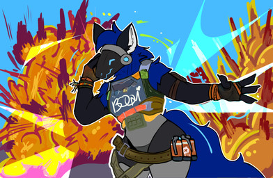 anthro belt blue_body blue_fur bomb clothed clothing colorful_background cosplay detailed_background explosion explosives fur gloves hair handwear long_tail machine male protogen_visor smile solo tail white_body white_fur dannycris121 riot_games tencent valorant damoproto raze_(valorant) protogen digital_media_(artwork) hi_res