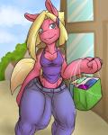 anthro anthrofied blonde_hair blue_eyes breasts bulge clothing detailed_bulge fur genital_outline gynomorph hair intersex penis_outline pink_body pink_fur shopping solo spots wide_hips rozga hasbro my_little_pony dark_rozga fan_character earth_pony equid equine horse mammal pony 2014 4:5