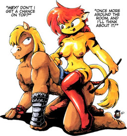 anthro bdsm boots breasts carrying_another clothing dominant dominant_female duo erection female footwear genitals interspecies male male/female multi_nipple nipples penis petplay piggyback ponyplay riding_crop roleplay saddle shoes straddling submissive submissive_male tail tail_wraps text whip wraps brian_burke drake_fenwick crushed_the_doomed_kitty domestic_cat equid equine felid feline felis horse mammal english_text
