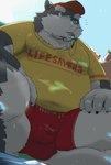 anthro belly big_belly bottomwear bulge clothing group hat headgear headwear kemono lifesaver male overweight overweight_male shirt shorts solo_focus topwear kisukemk777 canid canine canis domestic_dog mammal 2023 hi_res