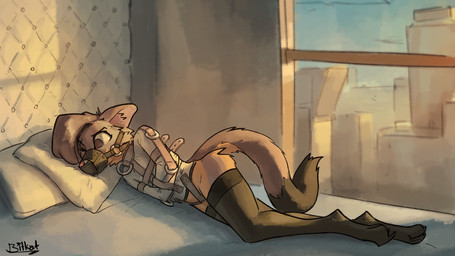 anthro bed black_clothing black_legwear black_stockings black_tail_tip bottomless bottomless_anthro brown_body brown_fur city city_background clothed clothing dipstick_tail eli_(igor) fur furniture legwear male markings muzzle_(object) muzzled on_bed orange_body orange_fur pillow restraints solo stockings straitjacket tail tail_markings window window_light bitkat american_opossum mammal marsupial virginia_opossum 16:9 hi_res widescreen