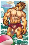 anthro ball beach_ball brown_eyebrows brown_hair bulge clothed clothing eyebrows fur hair inflatable looking_at_viewer male muscular muscular_anthro muscular_male navel nipples pawpads pink_nipples pink_pawpads pose smile solo swimming_trunks swimwear text thick_eyebrows topless veiny_arms water wave yellow_body yellow_fur cl.rudolph garth_mentzel_monroe canid canine canis domestic_dog mammal absurd_res english_text hi_res