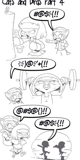 anthro barbell bodily_fluids bottomwear boxing_gloves clothing duo female grawlixes handwear punching_bag shorts speech_bubble sweat sweatband text towel nauyaco forestdale izabell_carroll_(forestdale) sora_jeon_(forestdale) avian bird domestic_cat felid feline felis mammal oscine passerine sparrow 2026 absurd_res english_text hi_res